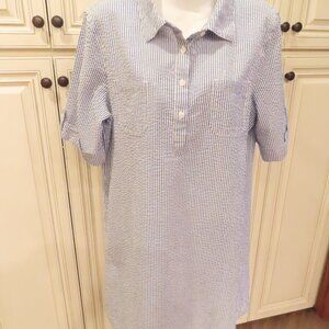Karen Scott SEARSUCKER Large Blue Striped Collared neck Button Shirt Dress
